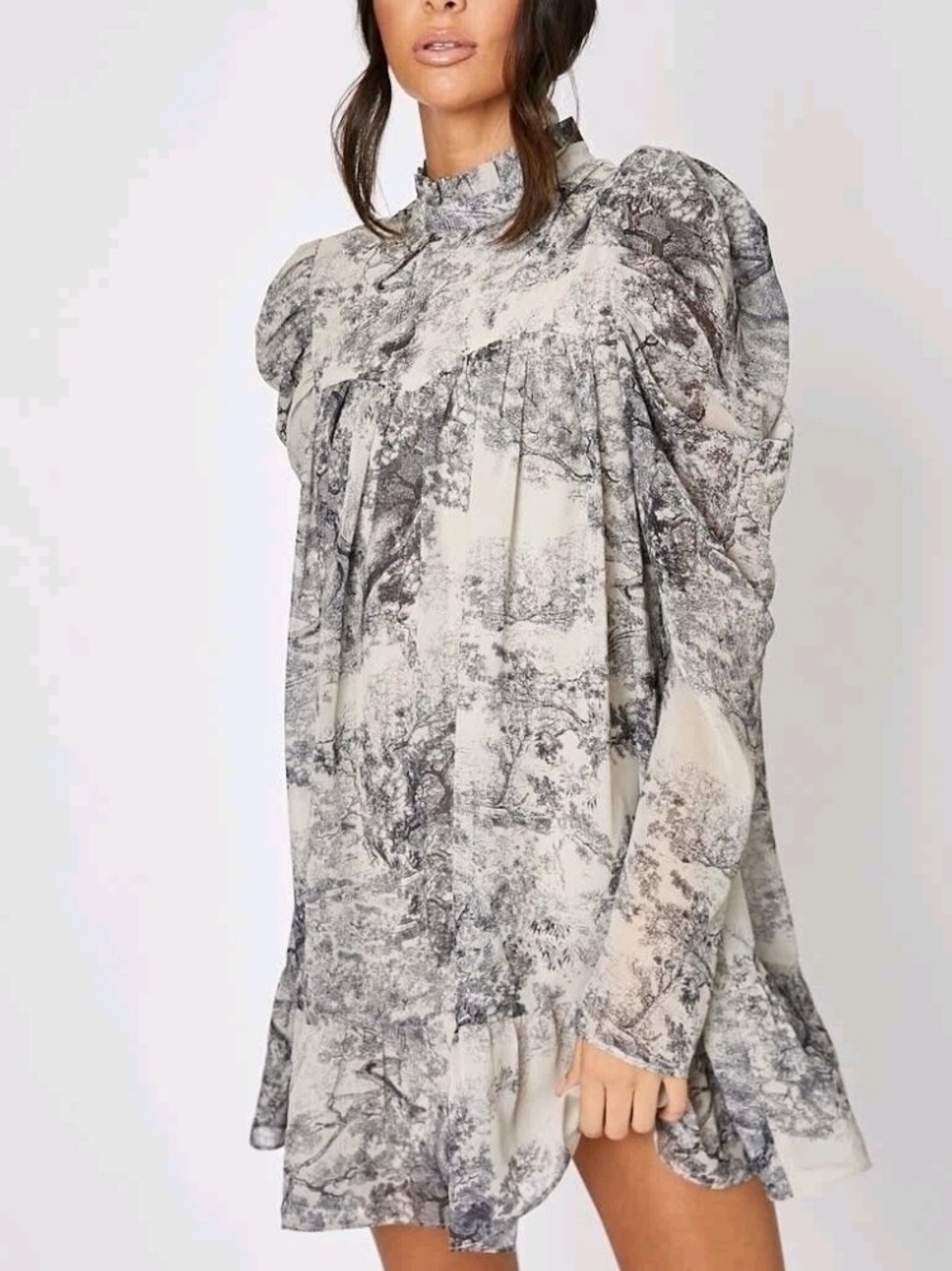 In The Style High-Neck Puff Sleeve Mini Dress in Gray Toile Size 8/M